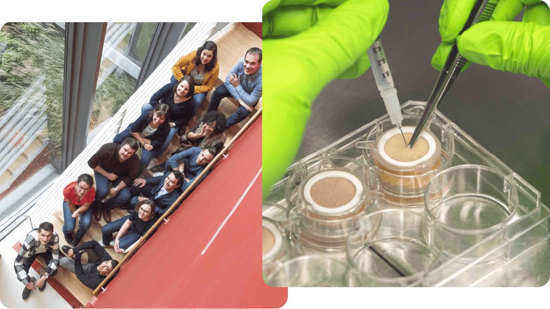 a group of people are posing for a picture next to a picture of a person holding a syringe